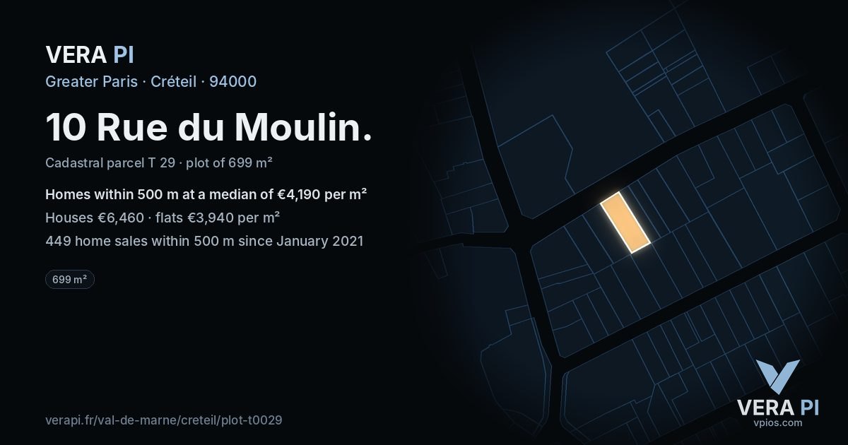 10 Rue du Moulin, Créteil at night – the plot lit, the parcels around coloured by the prices near them
