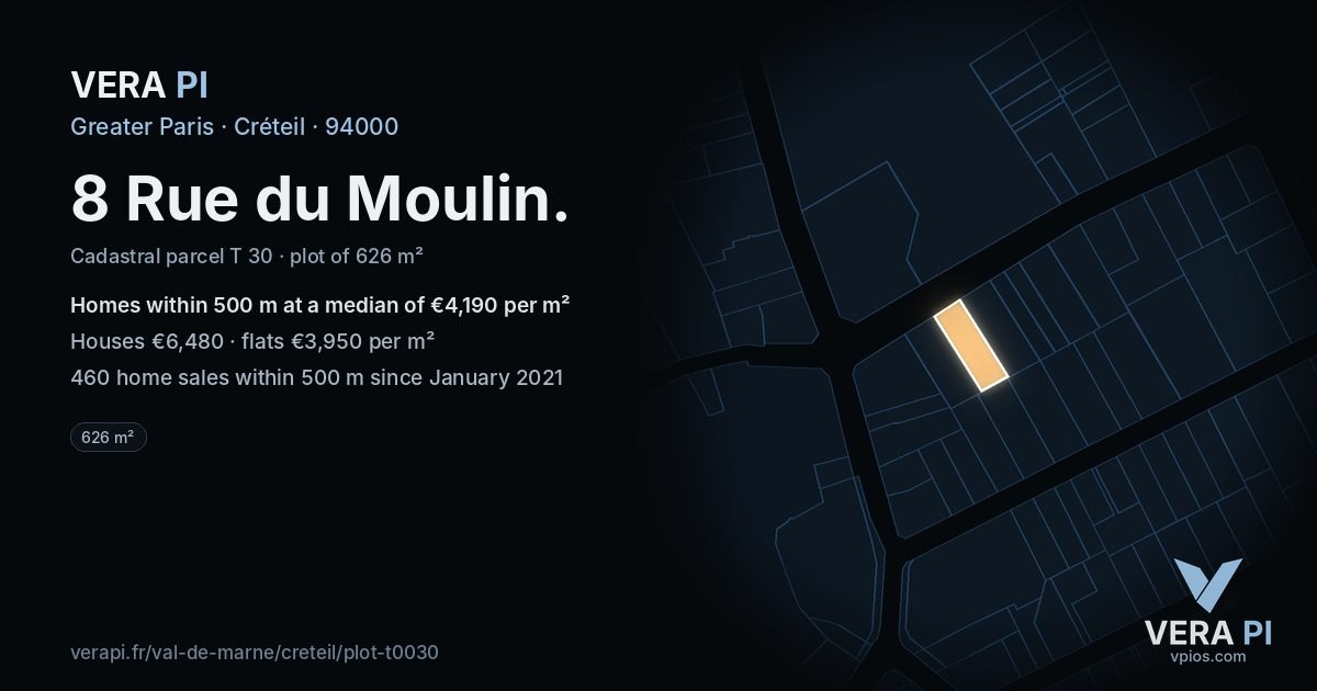 8 Rue du Moulin, Créteil at night – the plot lit, the parcels around coloured by the prices near them