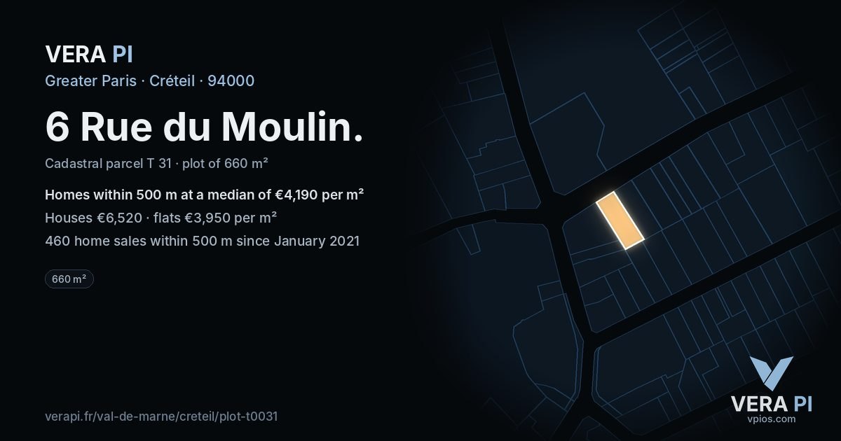6 Rue du Moulin, Créteil at night – the plot lit, the parcels around coloured by the prices near them
