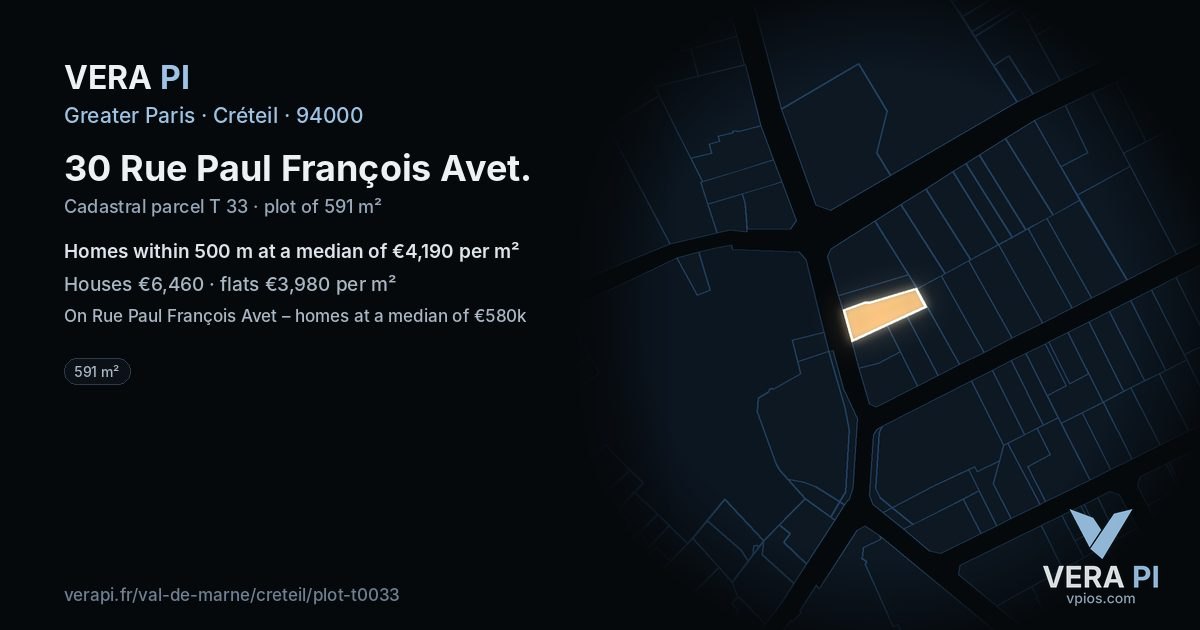 30 Rue Paul François Avet, Créteil at night – the plot lit, the parcels around coloured by the prices near them