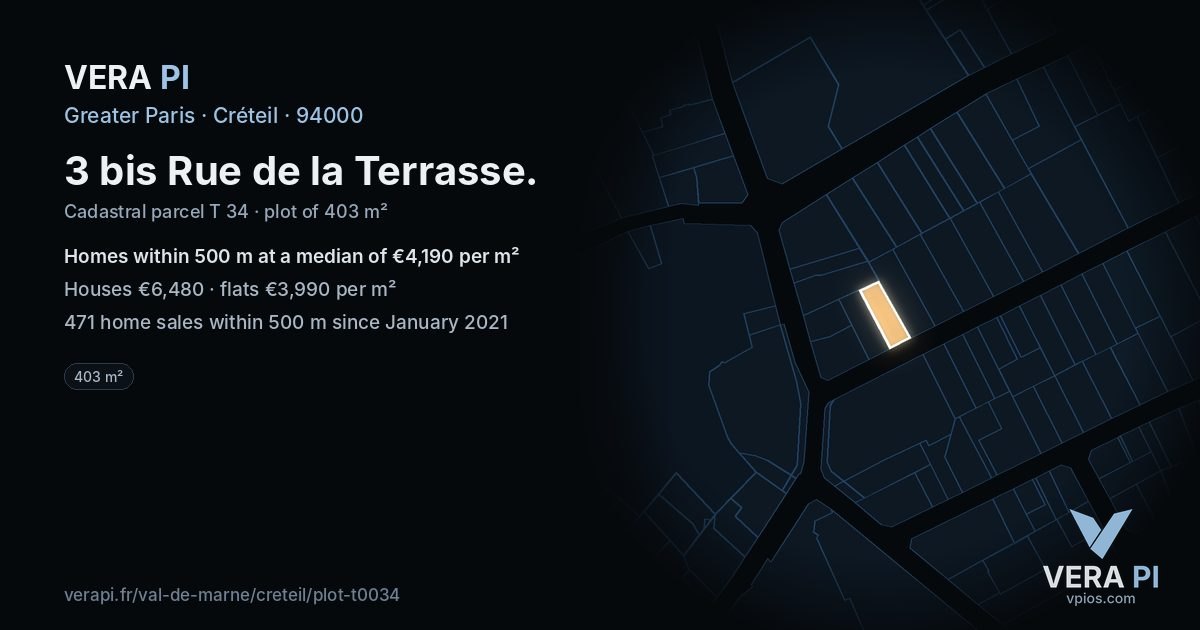 3 bis Rue de la Terrasse, Créteil at night – the plot lit, the parcels around coloured by the prices near them
