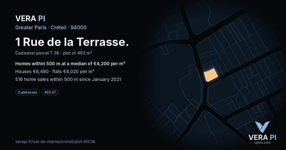 1 Rue de la Terrasse, Créteil at night – the plot lit, the parcels around coloured by the prices near them