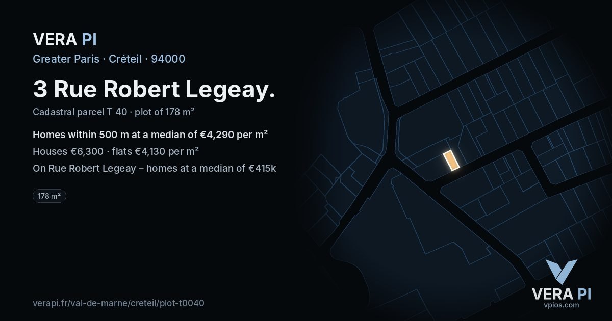 3 Rue Robert Legeay, Créteil at night – the plot lit, the parcels around coloured by the prices near them