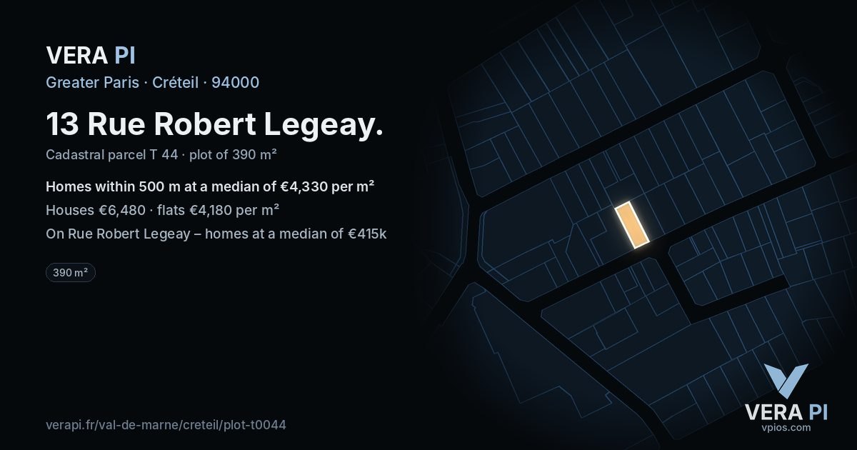13 Rue Robert Legeay, Créteil at night – the plot lit, the parcels around coloured by the prices near them