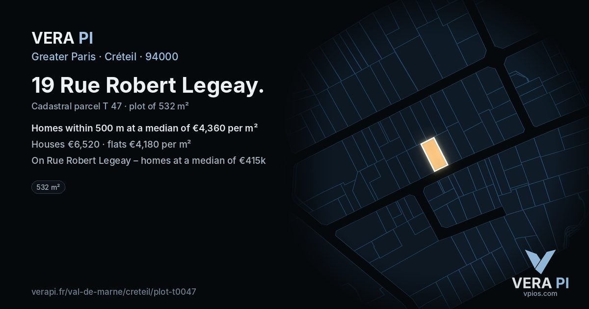 19 Rue Robert Legeay, Créteil at night – the plot lit, the parcels around coloured by the prices near them