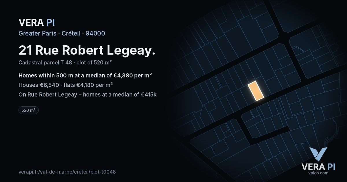 21 Rue Robert Legeay, Créteil at night – the plot lit, the parcels around coloured by the prices near them