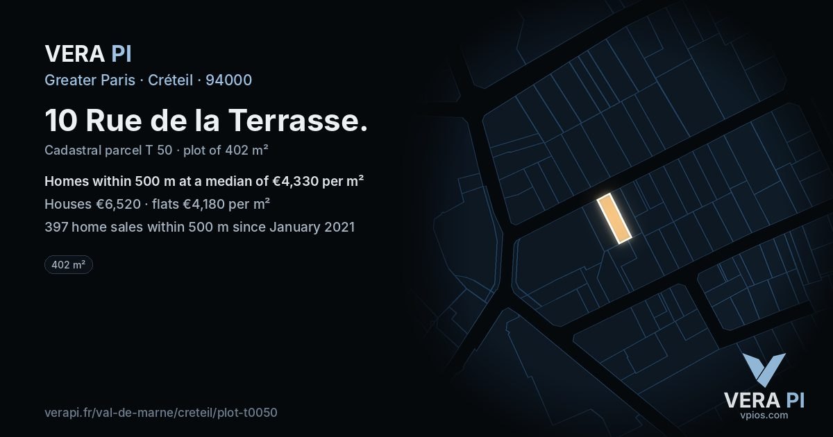 10 Rue de la Terrasse, Créteil at night – the plot lit, the parcels around coloured by the prices near them