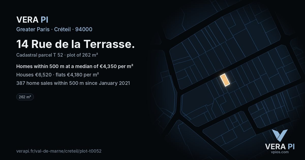 14 Rue de la Terrasse, Créteil at night – the plot lit, the parcels around coloured by the prices near them