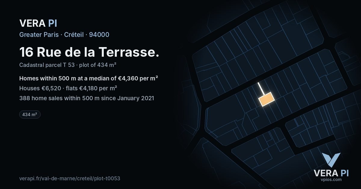16 Rue de la Terrasse, Créteil at night – the plot lit, the parcels around coloured by the prices near them