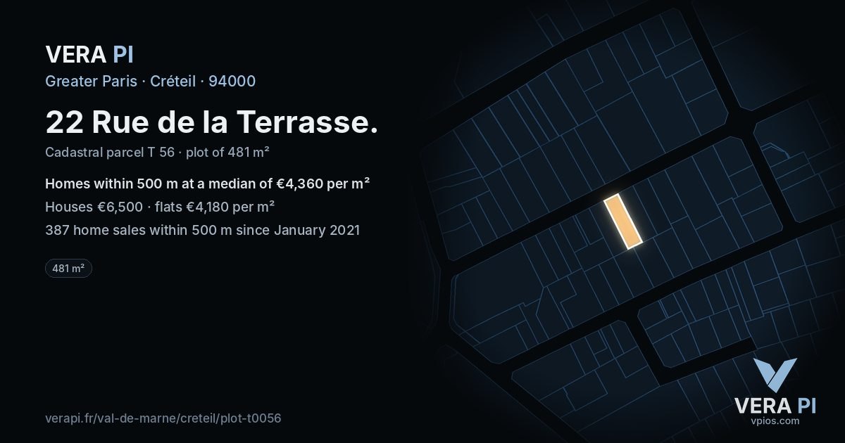 22 Rue de la Terrasse, Créteil at night – the plot lit, the parcels around coloured by the prices near them
