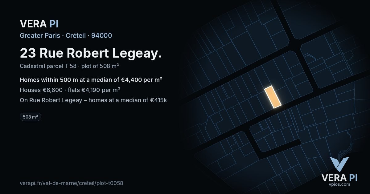 23 Rue Robert Legeay, Créteil at night – the plot lit, the parcels around coloured by the prices near them