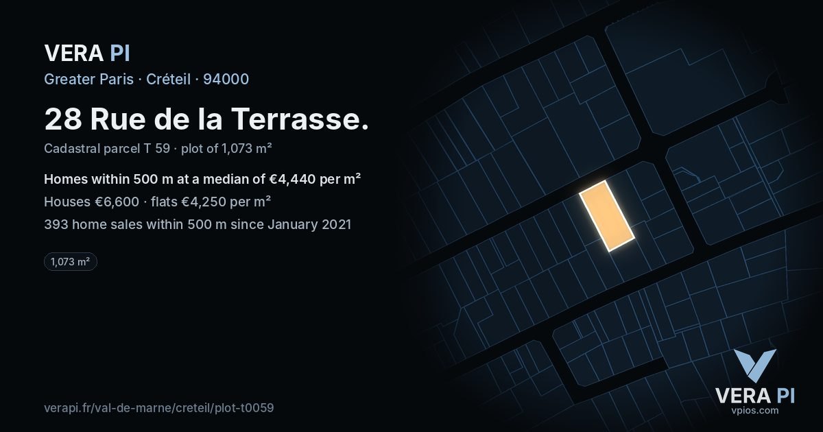 28 Rue de la Terrasse, Créteil at night – the plot lit, the parcels around coloured by the prices near them