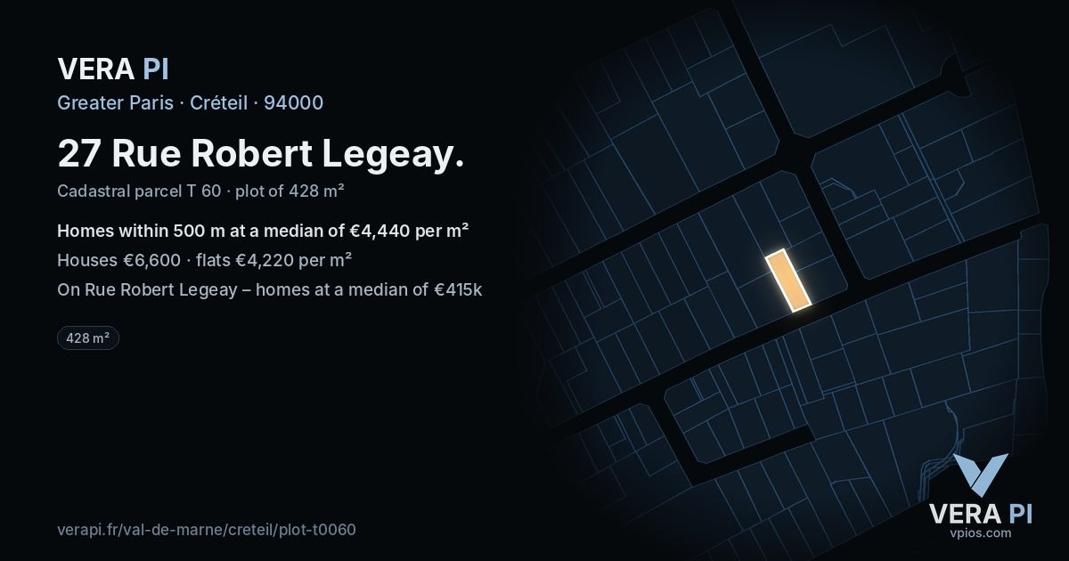 27 Rue Robert Legeay, Créteil at night – the plot lit, the parcels around coloured by the prices near them