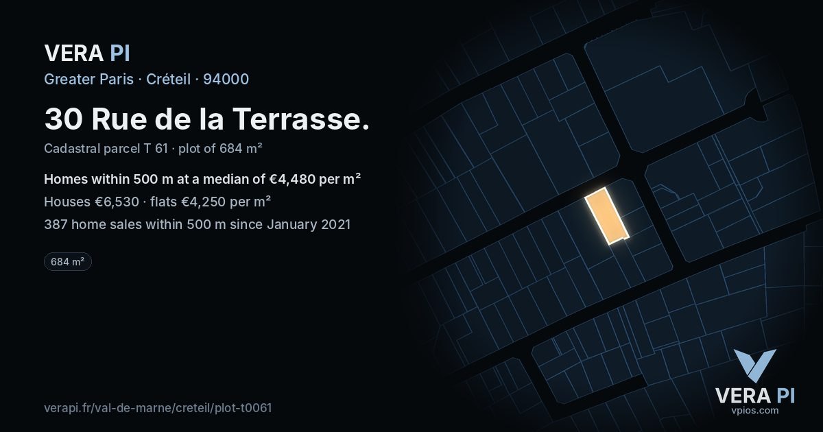 30 Rue de la Terrasse, Créteil at night – the plot lit, the parcels around coloured by the prices near them