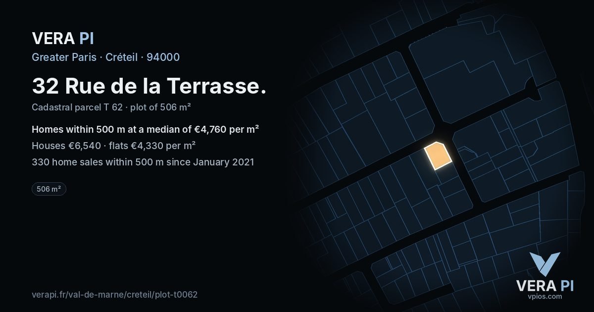 32 Rue de la Terrasse, Créteil at night – the plot lit, the parcels around coloured by the prices near them