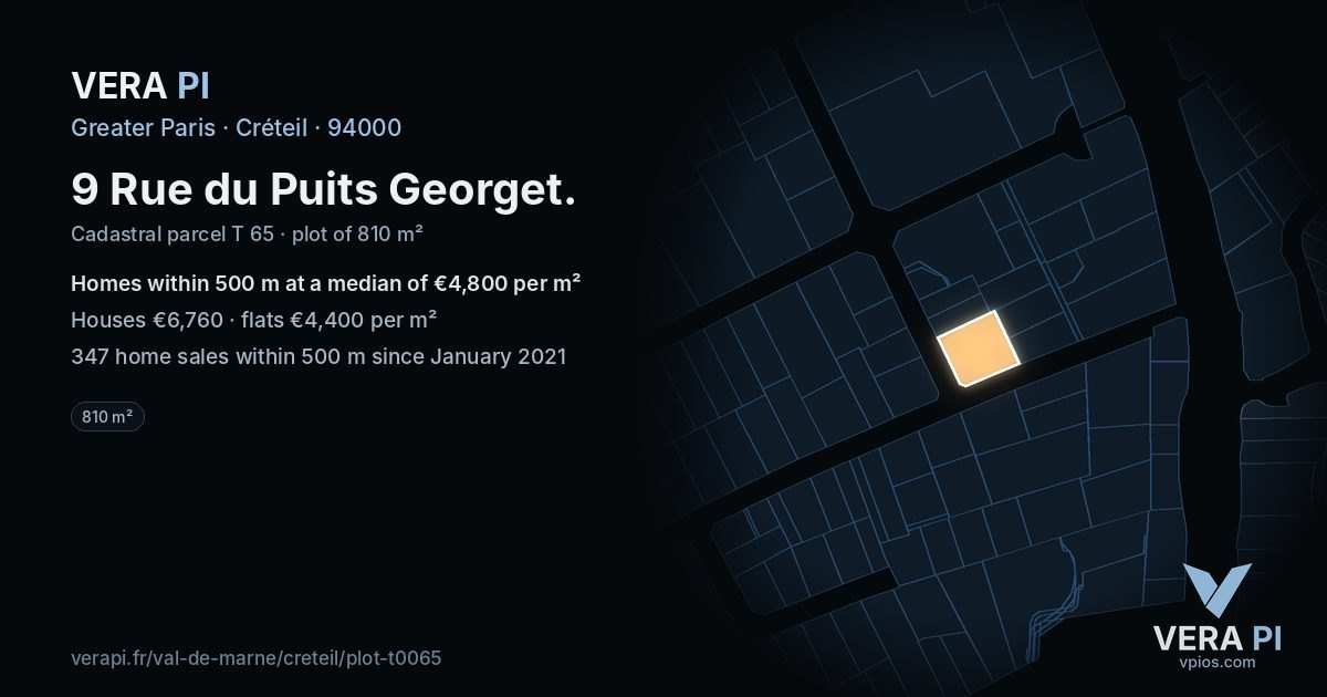 9 Rue du Puits Georget, Créteil at night – the plot lit, the parcels around coloured by the prices near them