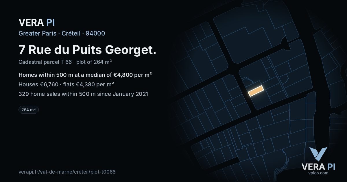 7 Rue du Puits Georget, Créteil at night – the plot lit, the parcels around coloured by the prices near them