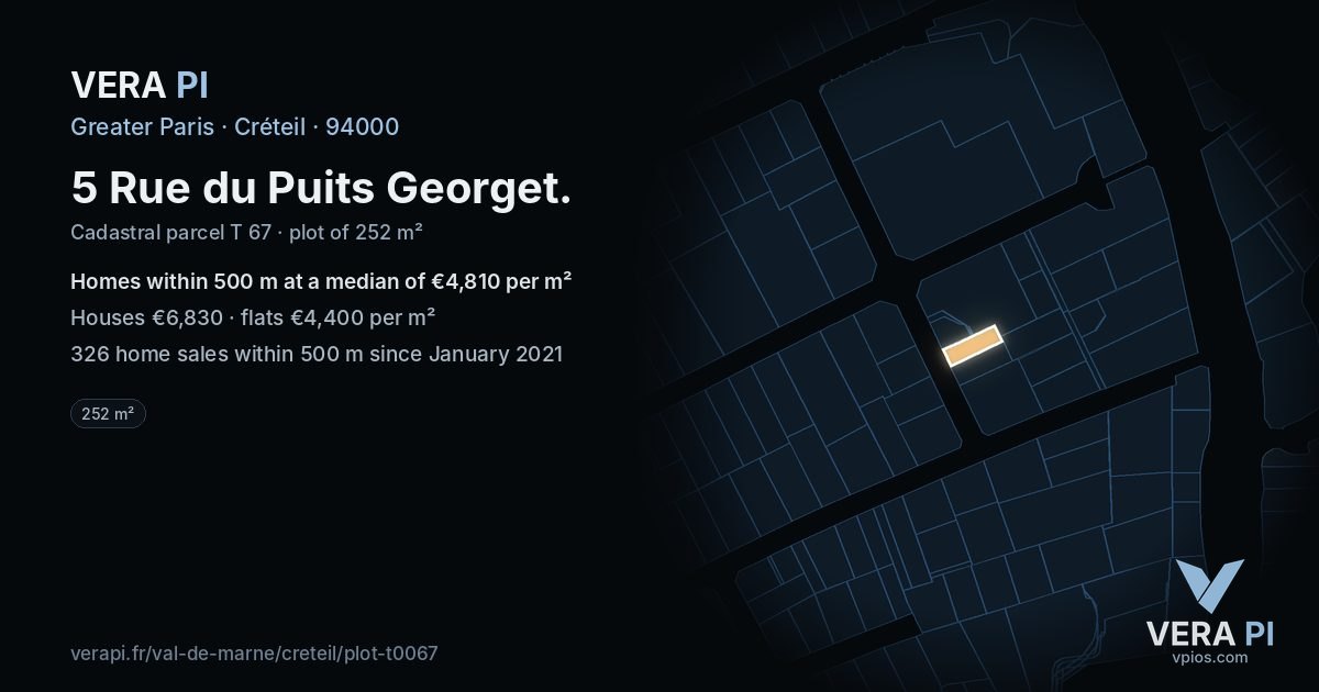 5 Rue du Puits Georget, Créteil at night – the plot lit, the parcels around coloured by the prices near them