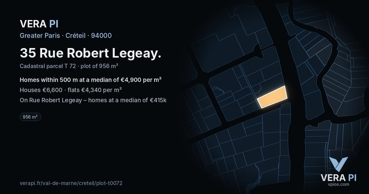 35 Rue Robert Legeay, Créteil at night – the plot lit, the parcels around coloured by the prices near them