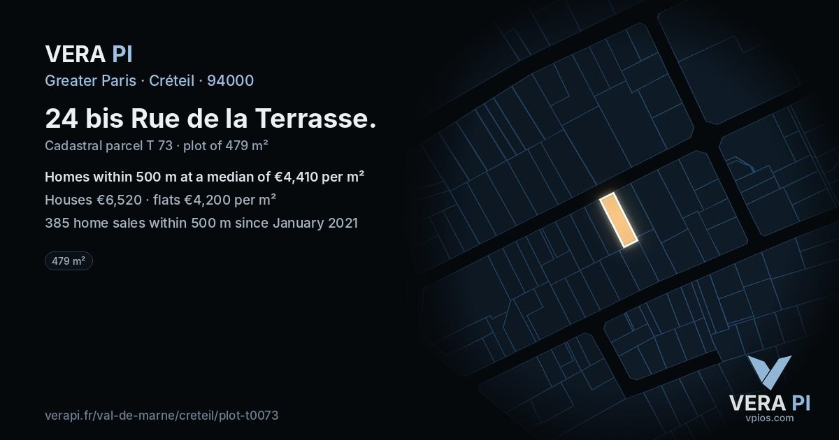 24 bis Rue de la Terrasse, Créteil at night – the plot lit, the parcels around coloured by the prices near them