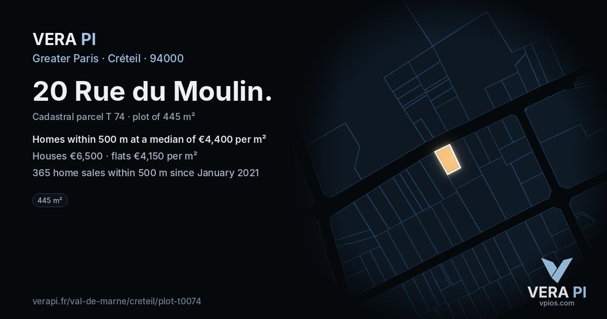 20 Rue du Moulin, Créteil at night – the plot lit, the parcels around coloured by the prices near them