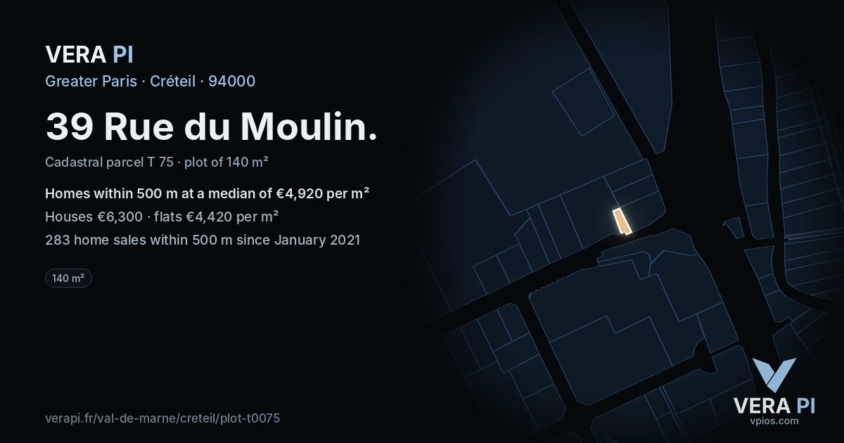 39 Rue du Moulin, Créteil at night – the plot lit, the parcels around coloured by the prices near them