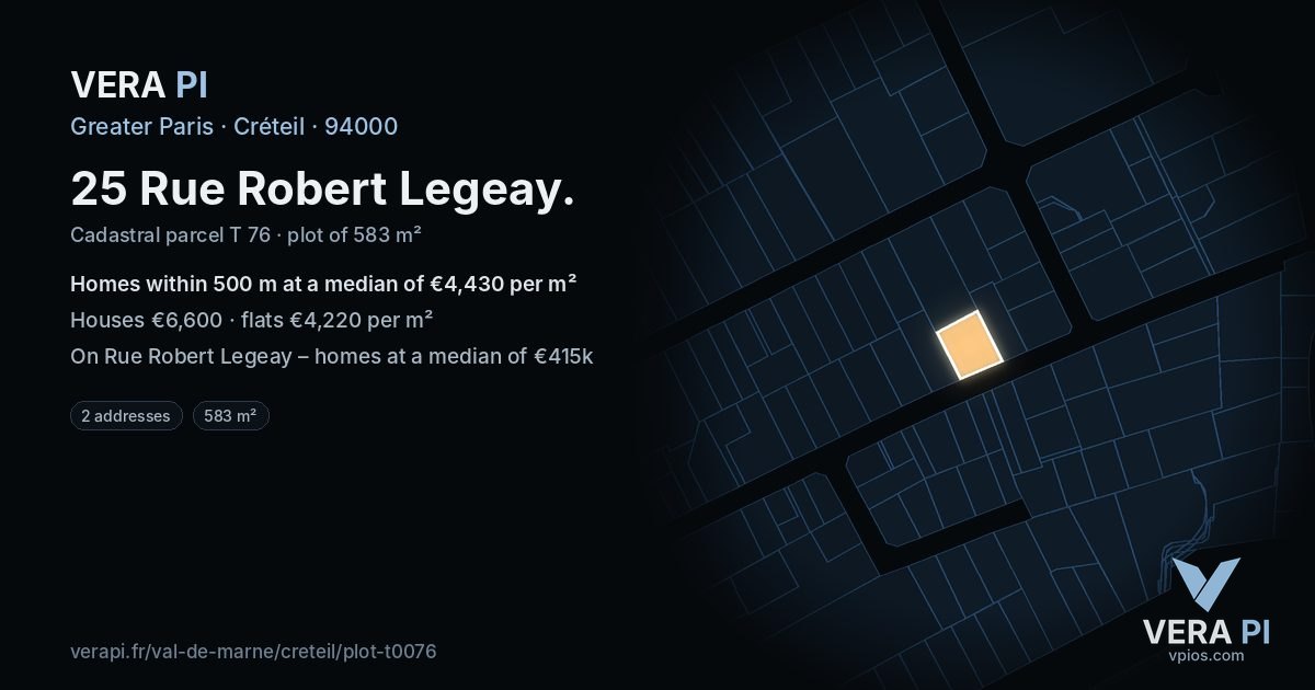 25 Rue Robert Legeay, Créteil at night – the plot lit, the parcels around coloured by the prices near them