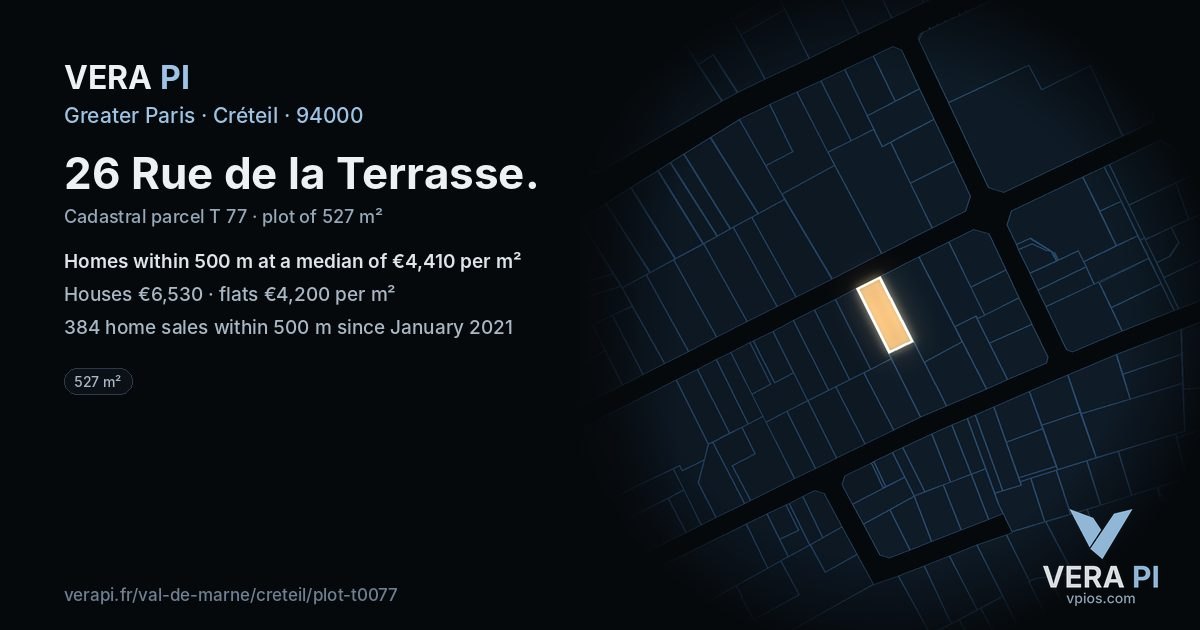 26 Rue de la Terrasse, Créteil at night – the plot lit, the parcels around coloured by the prices near them