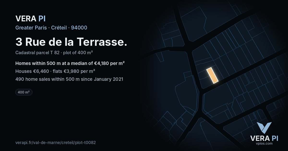 3 Rue de la Terrasse, Créteil at night – the plot lit, the parcels around coloured by the prices near them