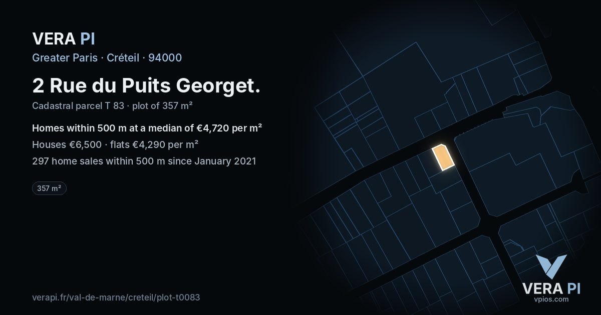 2 Rue du Puits Georget, Créteil at night – the plot lit, the parcels around coloured by the prices near them