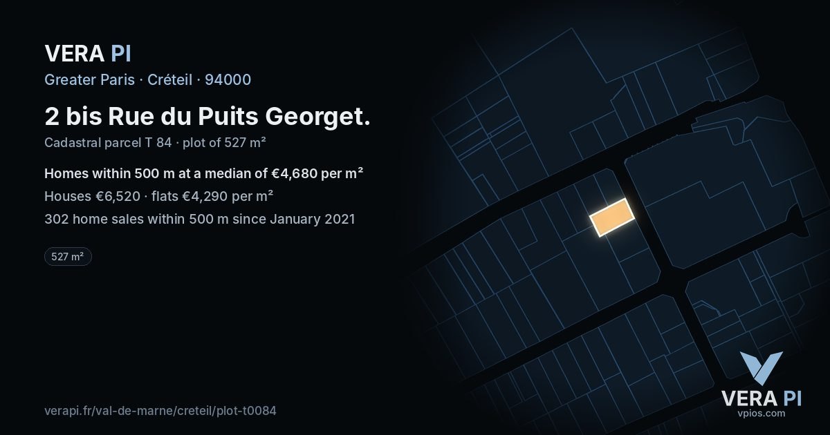 2 bis Rue du Puits Georget, Créteil at night – the plot lit, the parcels around coloured by the prices near them
