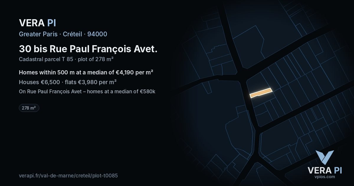30 bis Rue Paul François Avet, Créteil at night – the plot lit, the parcels around coloured by the prices near them