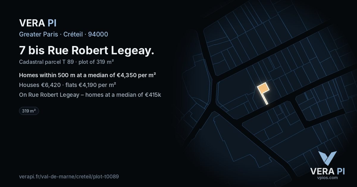 7 bis Rue Robert Legeay, Créteil at night – the plot lit, the parcels around coloured by the prices near them
