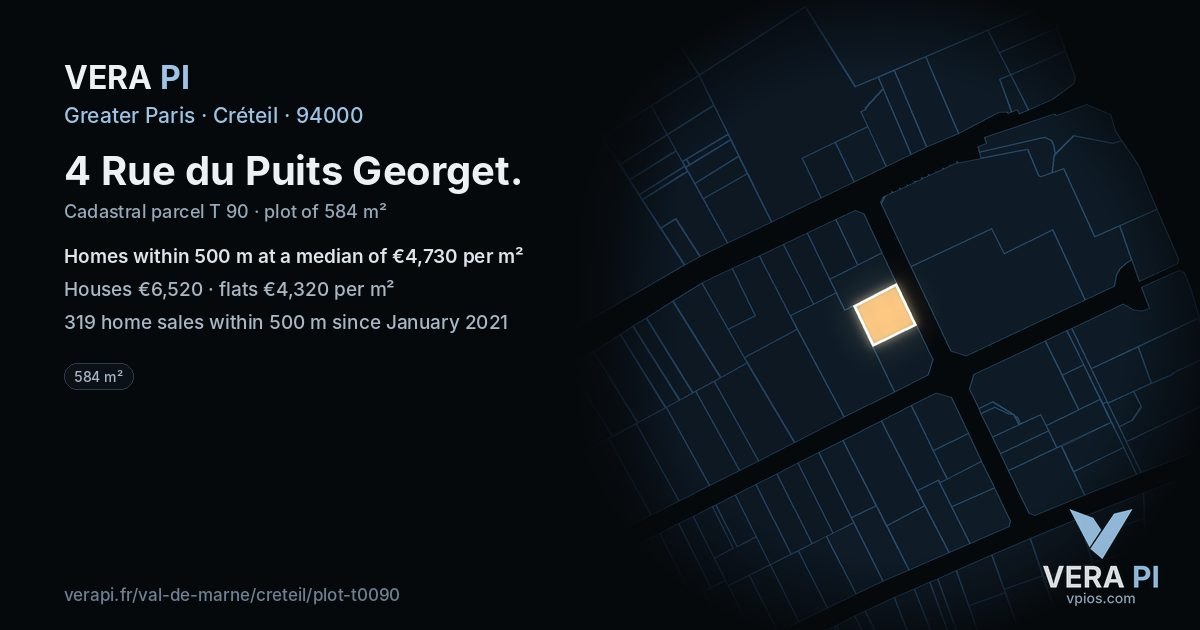 4 Rue du Puits Georget, Créteil at night – the plot lit, the parcels around coloured by the prices near them