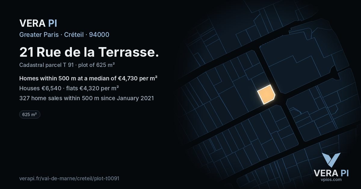 21 Rue de la Terrasse, Créteil at night – the plot lit, the parcels around coloured by the prices near them