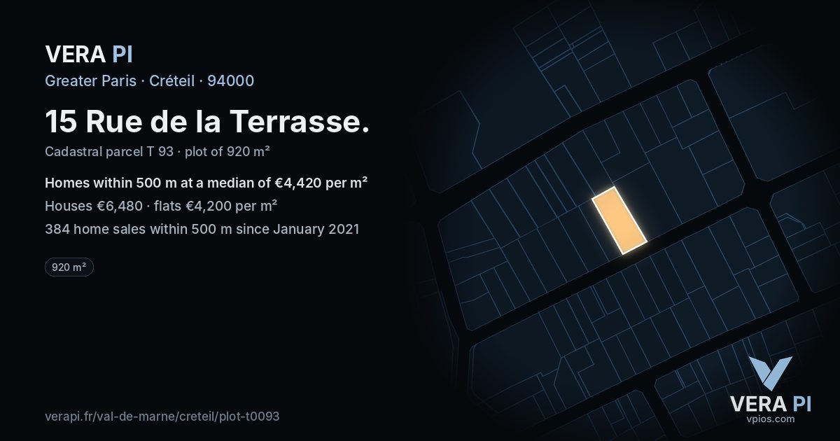 15 Rue de la Terrasse, Créteil at night – the plot lit, the parcels around coloured by the prices near them