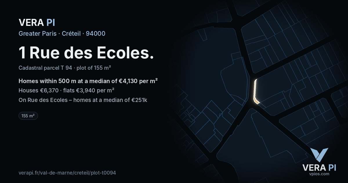 1 Rue des Ecoles, Créteil at night – the plot lit, the parcels around coloured by the prices near them