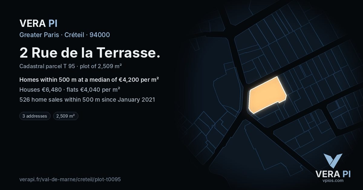 2 Rue de la Terrasse, Créteil at night – the plot lit, the parcels around coloured by the prices near them