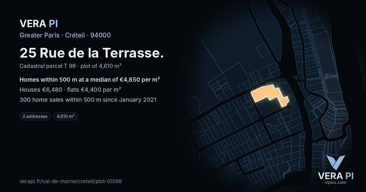 25 Rue de la Terrasse, Créteil at night – the plot lit, the parcels around coloured by the prices near them