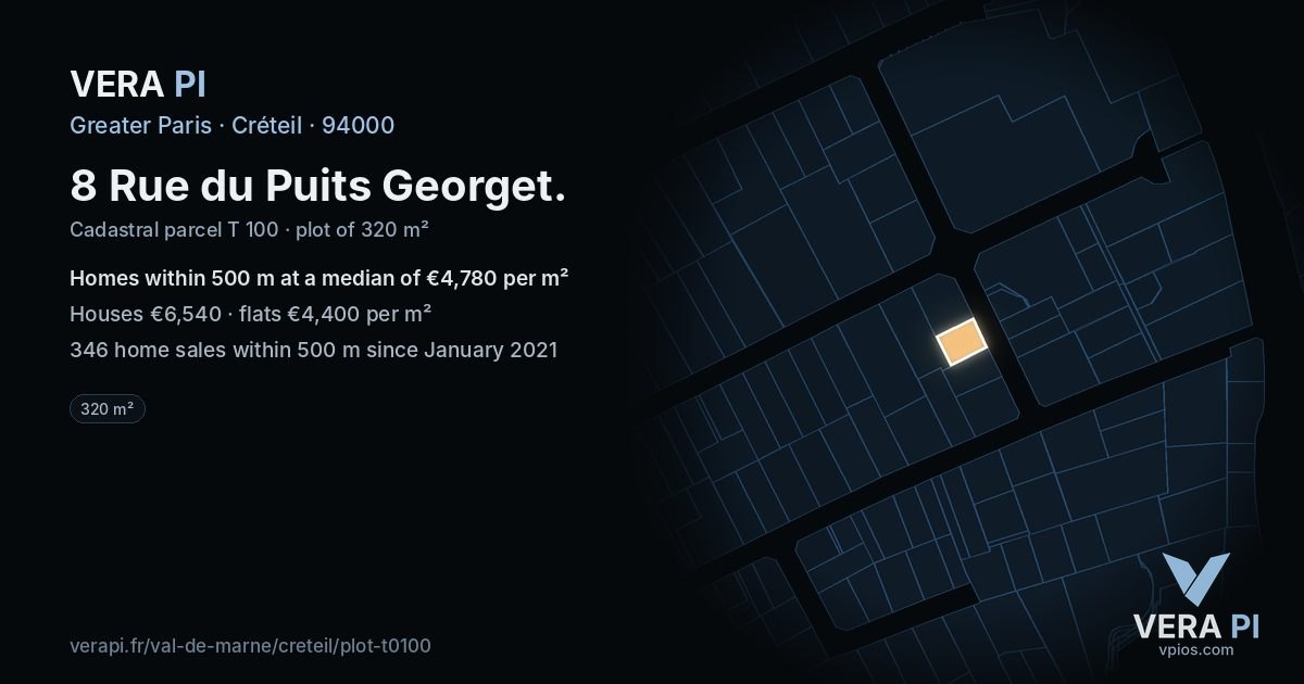 8 Rue du Puits Georget, Créteil at night – the plot lit, the parcels around coloured by the prices near them