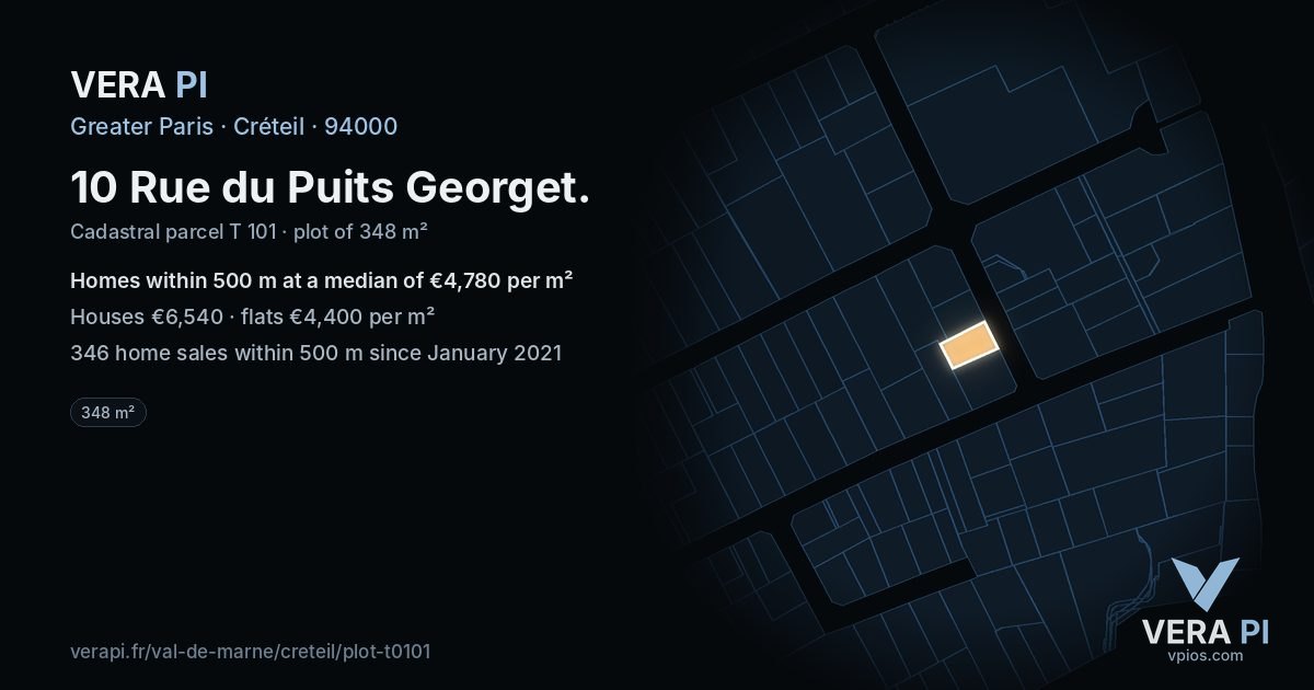 10 Rue du Puits Georget, Créteil at night – the plot lit, the parcels around coloured by the prices near them