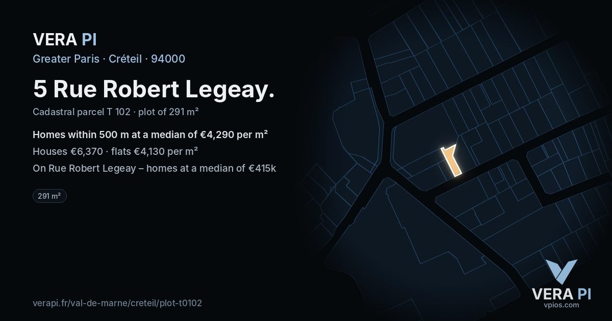 5 Rue Robert Legeay, Créteil at night – the plot lit, the parcels around coloured by the prices near them