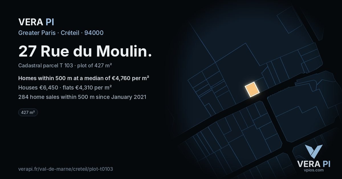 27 Rue du Moulin, Créteil at night – the plot lit, the parcels around coloured by the prices near them