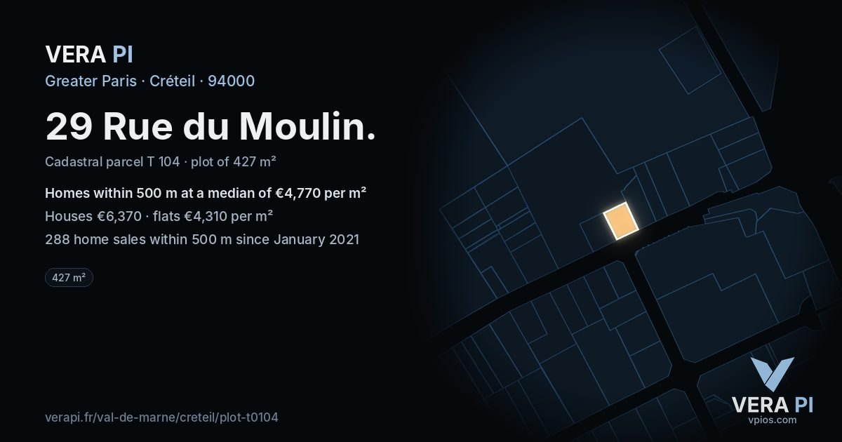 29 Rue du Moulin, Créteil at night – the plot lit, the parcels around coloured by the prices near them
