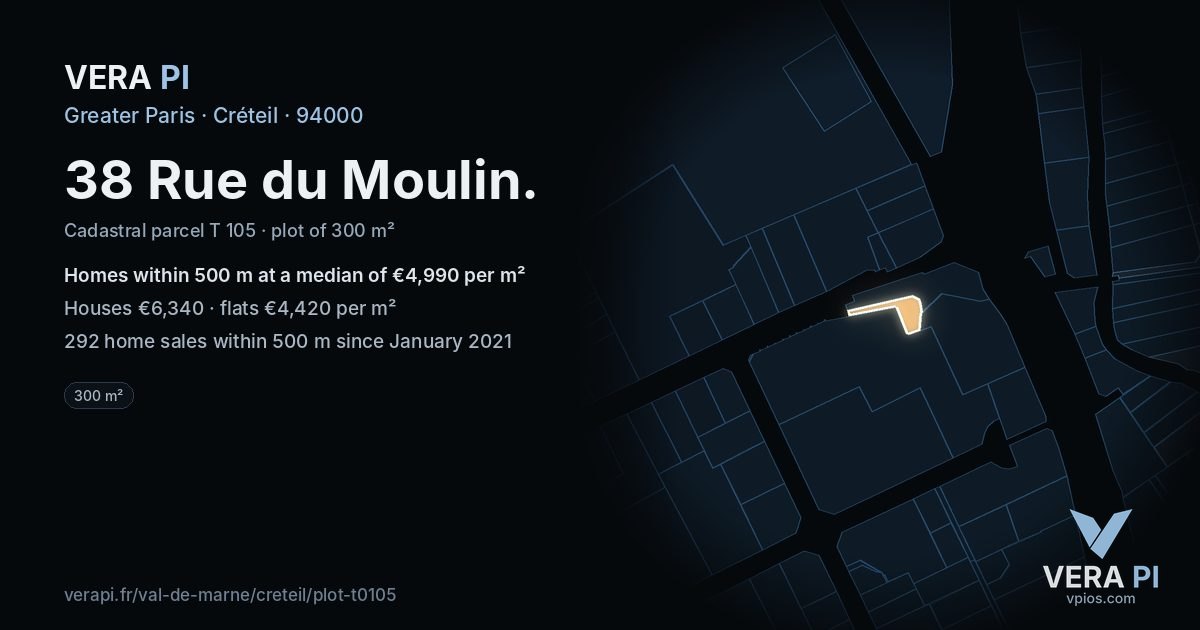 38 Rue du Moulin, Créteil at night – the plot lit, the parcels around coloured by the prices near them