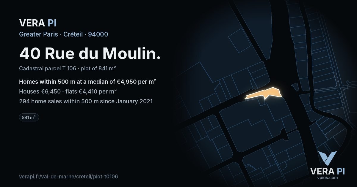 40 Rue du Moulin, Créteil at night – the plot lit, the parcels around coloured by the prices near them