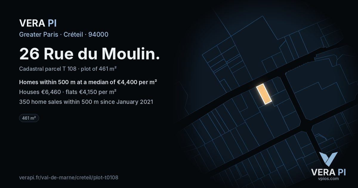 26 Rue du Moulin, Créteil at night – the plot lit, the parcels around coloured by the prices near them