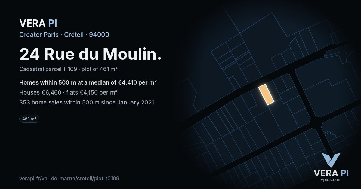 24 Rue du Moulin, Créteil at night – the plot lit, the parcels around coloured by the prices near them