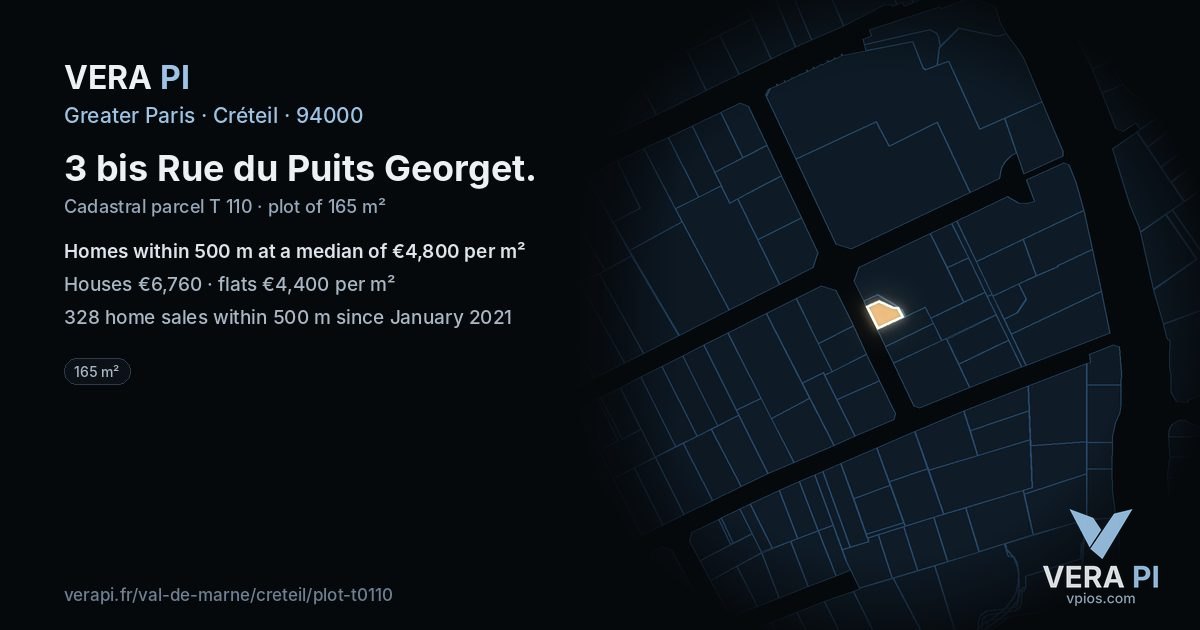 3 bis Rue du Puits Georget, Créteil at night – the plot lit, the parcels around coloured by the prices near them