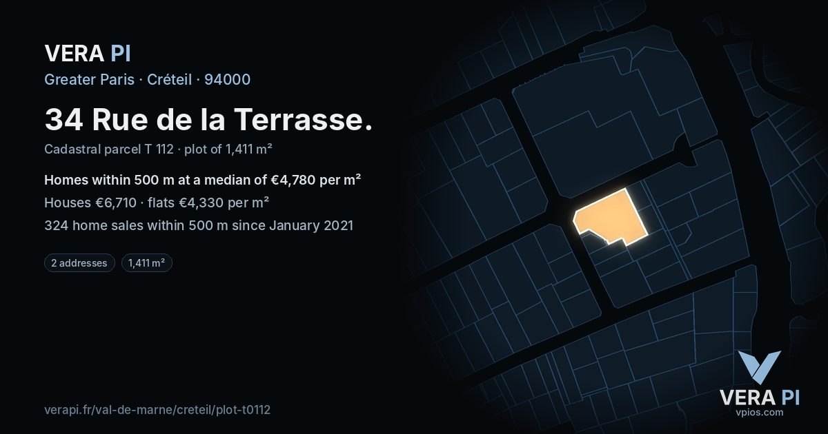 34 Rue de la Terrasse, Créteil at night – the plot lit, the parcels around coloured by the prices near them